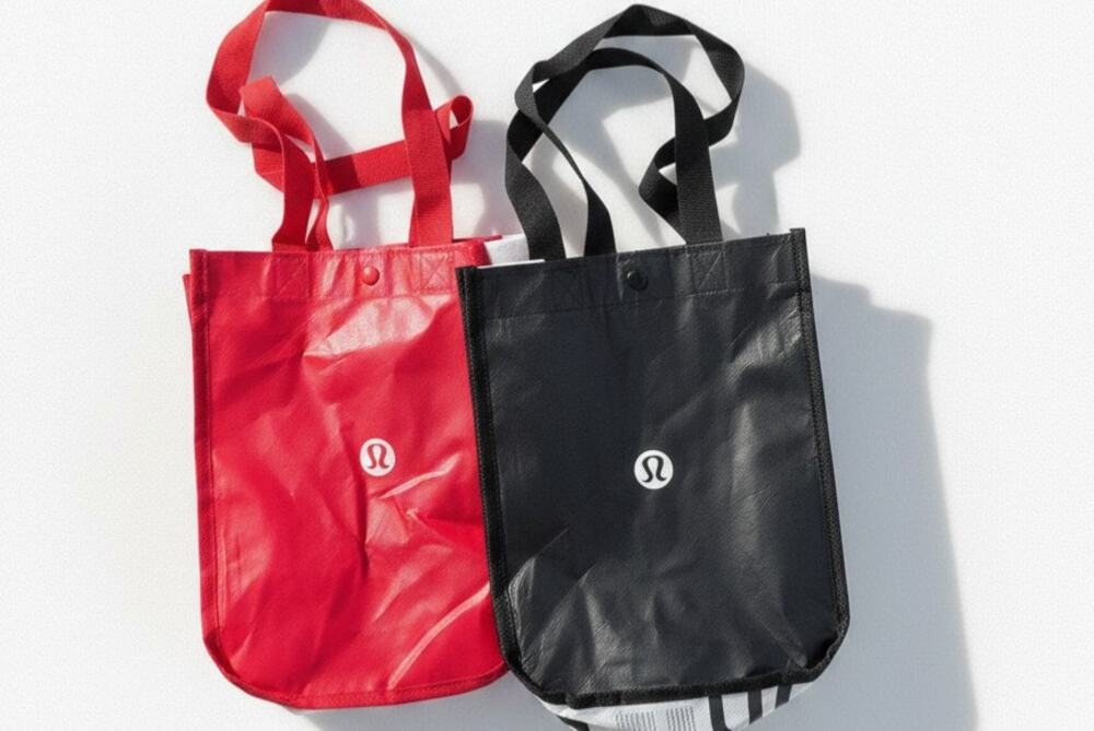 Lululemon Reusable Shopping Bag Tote Lot Red Black White Stripe Set of 2